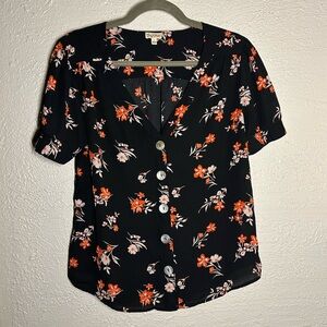 Lily White Black and Orange Floral Button-Down Blouse